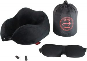 Airplane travel kit with neck pillow eye mask and earplugs