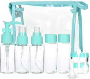Transparent toiletry bag with travel bottles
